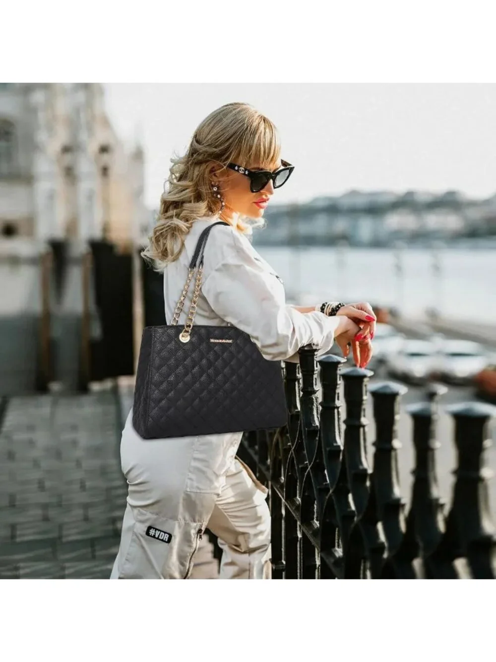 Quilted Medium Tote Bag for Women | Stylish Chain Shoulder Handbag Purse